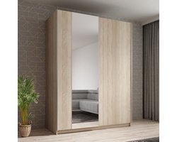Meubella - Kledingkast Ganaro - Eiken - 150 cm - Met spiegel