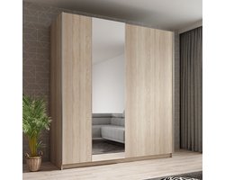 Meubella - Kledingkast Ganaro - Eiken - 180 cm - Met spiegel