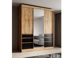 Meubella - Kledingkast Henry - Eiken - Zwart - 180 cm - Met spiegel