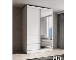 Meubella - Kledingkast Henry - Wit - 140 cm - Met spiegel