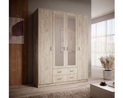 Meubella - Kledingkast Hinto - Grijs Eiken - 160 cm - Met spiegel