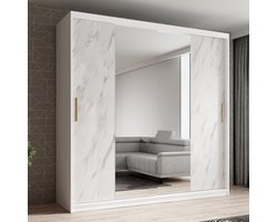 Meubella - Kledingkast Marmer 2 - Wit - 200 cm - Met spiegel