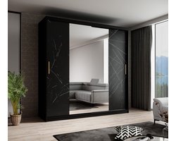 Meubella - Kledingkast Marmer 2 - Zwart - 200 cm - Met spiegel