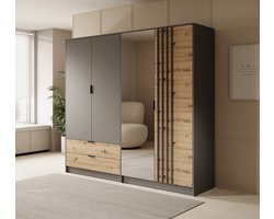 Meubella - Kledingkast Roma - Grijs - Eiken - 221 cm - Met spiegel
