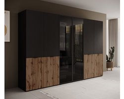 Meubella - Kledingkast Shelton - Zwart 1 - 303 cm - Met glas