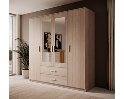 Meubella - Kledingkast Tyko - Licht eiken - 200 cm - Met spiegel