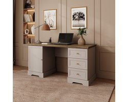 Meubella - Kresto - Bureau - Beige/Eikenpatroon - 145x57x72 cm