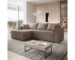 Meubella - Lawrence - Hoekbank 3-zits met chaise longue - Bruin - Ribstof - Links