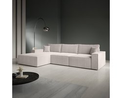Meubella - Manolo - Hoekbank 3-zits met chaise longue - Ribstof beige - Links