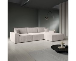 Meubella - Manolo - Hoekbank 3-zits met chaise longue - Ribstof beige - Rechts