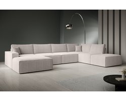 Meubella - Manolo - Hoekbank 5-zits met chaise longue - Ribstof beige - Links