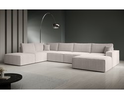 Meubella - Manolo - Hoekbank 5-zits met chaise longue - Ribstof beige - Rechts
