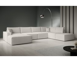 Meubella - Manolo - Hoekbank 5-zits met chaise longue - Stof beige - Links