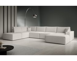 Meubella - Manolo - Hoekbank 5-zits met chaise longue - Stof beige - Rechts