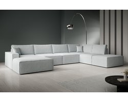 Meubella - Manolo - Hoekbank 5-zits met chaise longue - Stof grijs - Links