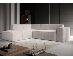 Meubella - Monet - Hoekbank 4-zits met chaise longue - Beige - Fluffy ribstof - Links
