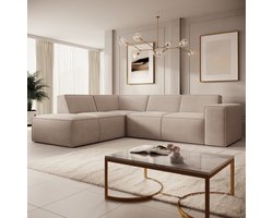 Meubella - Monet - Hoekbank 4-zits met chaise longue - Beige - Stof - Links