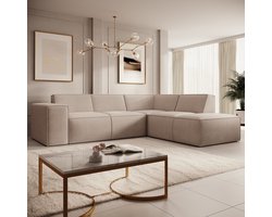 Meubella - Monet - Hoekbank 4-zits met chaise longue - Beige - Stof - Rechts