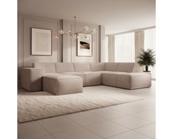Meubella - Monet XL - Hoekbank 5-zits met chaise longue - Beige - Stof - Links