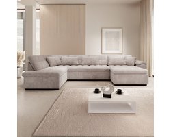 Meubella - Nicoreta - Hoekbank 5-zits met chaise longue - Beige ribstof - Rechts