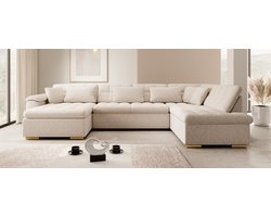 Meubella - Nicoreta - Hoekbank 5-zits met chaise longue - Beige - Teddy Boucle - Links