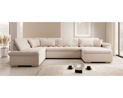 Meubella - Nicoreta - Hoekbank 5-zits met chaise longue - Beige - Teddy Boucle - Rechts