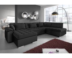 Meubella - Nicoreta - Hoekbank 5-zits met chaise longue - Zwart - Leer - Stof - Links