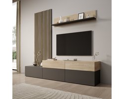 Meubella - Nobu - Wandmeubel - Grijs/Eikenpatroon - 225x40x209 cm