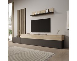 Meubella - Nobu - Wandmeubel - Grijs/Eikenpatroon - 300x40x209 cm