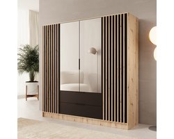 Meubella - Nocturna - Kledingkast 4 deurs - Eiken/Zwart - 200x51x200cm