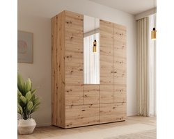 Meubella - Nouran - Kledingkast 4-deurs met lades - Eiken 155x52x208 cm