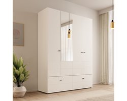 Meubella - Nouran - Kledingkast 4-deurs met lades - Wit - 155x52x208 cm