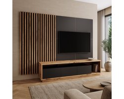 Meubella - Novaro - Wandmeubel - Zwart/Eikenpatroon - 252x52x179 cm