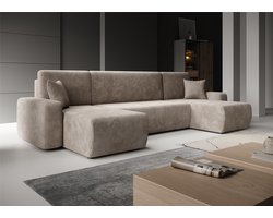 Meubella - Prudence U - Hoekbank 4-zits met chaise longue - Bruin - Ribstof - Universeel