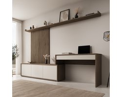 Meubella - Sundra - Wandmeubel met bureau - Beige/Eiken - 300x42x190 cm