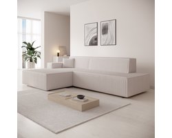 Meubella - Tasmania - Hoekbank met slaapfunctie - Ribstof beige - Links