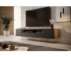 Meubella - TV-Meubel Dylan - Mat zwart - Eiken - 200 cm
