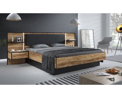 Meubella - Tweepersoonsbed Jacob - Zwart - Eiken - 180x200 cm