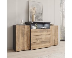 Meubella - Universal - Dressoir met LED - Eiken/Grijs - 150x39x81 cm