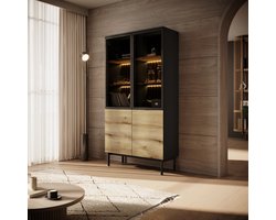 Meubella - Vitrinekast Ludwig - Zwart - Eiken - 100 cm - Hoog