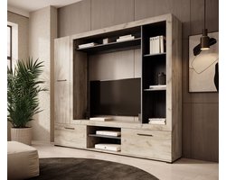 Meubella - Wandmeubel Loni - Grijs eiken - Zwart eiken