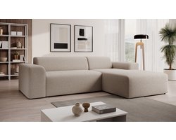 Meubella - Zamzi - Hoekbank 3-zits met chaise longue - Beige - Teddy boucle stof - Rechts