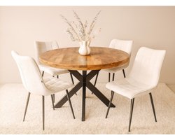 Meubelplaats Combideal Leonardo: ronde eettafel Mangohout 120 cm met 4 Leonardo eetkamerstoelen - Stof perfect harmony - Beige - Eethoek - eetkamerset