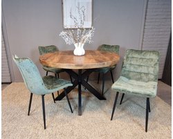 Meubelplaats Combideal Leonardo: ronde eettafel Mangohout 120 cm met 4 Leonardo eetkamerstoelen - Stof perfect harmony - Groen - Eethoek - eetkamerset