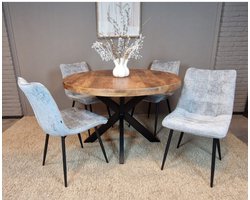 Meubelplaats Combideal Leonardo: ronde eettafel Mangohout 120 cm met 4 Leonardo eetkamerstoelen - Stof perfect harmony - Lichtgrijs - Eethoek - eetkamerset