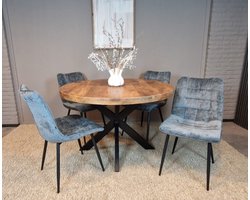Meubelplaats Combideal Leonardo: ronde eettafel Mangohout 120 cm met 4 Leonardo eetkamerstoelen - Stof perfect harmony - Petrol - Eethoek - eetkamerset