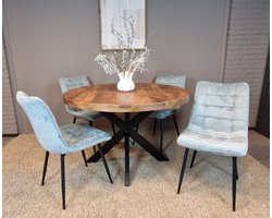 Meubelplaats Combideal Lucille: ronde eettafel Mangohout 120 cm met 4 Lucille eetkamerstoelen - Stof perfect harmony - Lichtblauw - Eethoek - eetkamerset - eettafel met stoelen