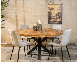 Meubelplaats Combideal Lucille : ronde eettafel Mangohout 120 cm met 4 Lucille eetkamerstoelen - Stof perfect harmony - Lichtgrijs - Eethoek - eetkamerset - eettafel met stoelen