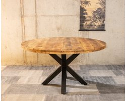 Meubelplaats Ronde Mango Eettafel Spider 100x100x77 cm - 5 cm dik blad - Industrieel Design - Massief Mangohout