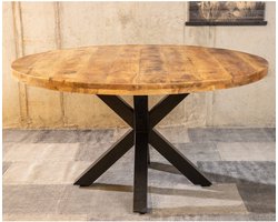 Meubelplaats Ronde Mango Eettafel Spider 120x120x77 cm - 5 cm dik blad - industrieel Design - Extra dik blad - Massief Mangohout